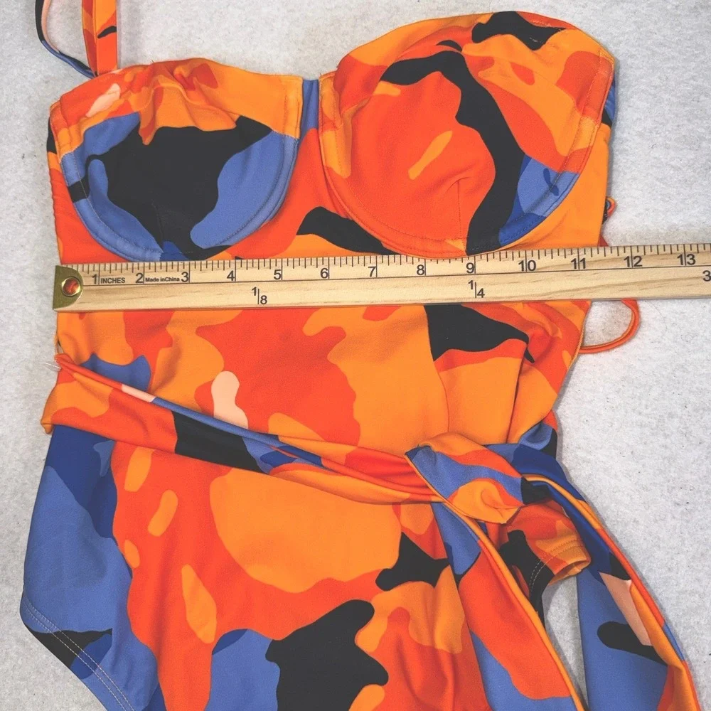 Tabitha Brown Target One Piece Swimsuit Size‎ S Orange Blue Belted Tie Print